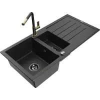 Mexen Andres granieten spoelbak 1,5-komor met afdruiprek en keukenkraan Flora, zwart/zilver - 6515-73-670401-57-B