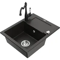 Mexen Enzo granieten spoelbak 1-kamer met afdruiprek en keukenkraan Carla, zwart/goud metallic - 6506-75-670700-70