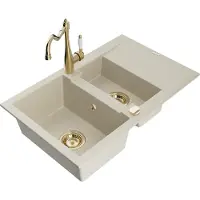 Mexen Gaspar granieten spoelbak 1,5-komorige met afdruiprek en keukenmengkraan Carla, beige - 6507-69-670700-50