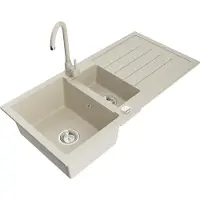Mexen Andres granieten gootsteen 1,5-kamer met afdruiprek en keukenmengkraan Telma, beige - 6515-69-670200-69