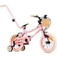 Sun baby Kinderfiets 14 Inch LOOFI, Fiets voor Meisje 3-5 Jaar, lichtgewicht 6.6 kg, aluminium frame, met zijwieltjes, mandje, bel, stickers - Roze