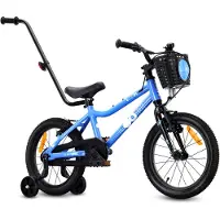 Sun baby Kinderfiets 16 Inch LOOFI, Fiets voor Jongen 4-6 Jaar, licht 6.9 kg aluminium frame, met zijwieltjes, mandje, bel, stickers - Blauw
