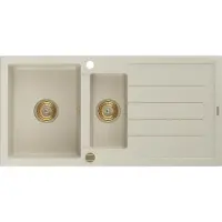 Mexen Andres granieten spoelbak 1,5-kamer met afdruiprek 1000 x 500 , beige, gouden sifon - 6515101510-69-G