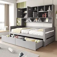 OKWISH Slaapbankbed 90x200cm – Eenpersoonsbed Met Opbergkast Bovenkant – Met 2 Lades En Lattenbodem – Zonder matras – Hout – Grijs