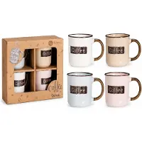 Benza Set van 4 Koffiemokken – Steengoed Mokken 200 ml – Coffee Mokken in 4 Kleuren – Met Gegraveerde Tekst & Metallic Glazuur – In Kraft Geschenkdoos