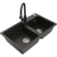 Mexen Tomas 2-delige granieten gootsteen met keukenmengkraan Elia, zwart/goud metallic - 6516-75-670101-70