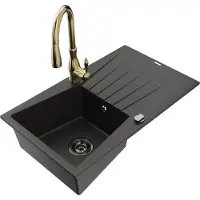 Mexen Cesar granieten gootsteen met 1 bak en afdruiprek en keukenmengkraan Savita, zwart/goud metallic - 6514-75-672601-50-B