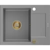 Mexen Enzo granieten gootsteen 1-komors met afdruiprek 576 x 465 , grijs, gouden sifon - 6506571005-71-G