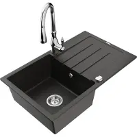 Mexen Bruno granieten spoelbak 1-komers met druiprek en keukenmengkraan Savita, zwart/gouden metallic - 6513-75-672601-00