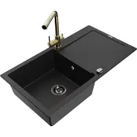 Mexen Leo granieten spoelbak 1-kompartment met afdruiprek en keukenmengkraan Duero, zwart - 6501-77-671600-50-B
