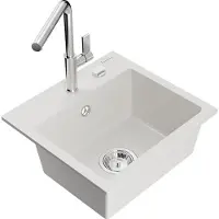 Mexen Milo granieten spoelbak 1-komor met keukenkraan Flora, wit - 6505-20-670401-00