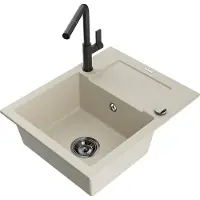 Mexen Enzo granieten gootsteen 1-baks met afdruiprek en Flora keukenkraan, beige - 6506-69-670401-70-B