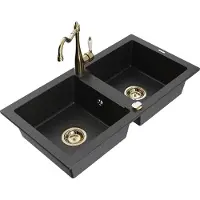 Mexen Mario granieten gootsteen 2-kamer met keukenkraan Carla, zwart/zilver metallic - 6504-73-670700-50