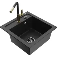 Mexen Vito granieten spoelbak 1-komerig met keukenkraan Flora, zwart/zilver metallic - 6503-73-670401-57-B