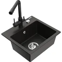 Mexen Milo granieten gootsteen 1-komorig met keukenkraan Duero, zwart/gouden metallic - 6505-75-671600-70