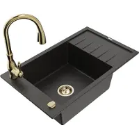 Mexen Elias granieten gootsteen 1-komorige met afdruiprek en keukenmengkraan Savita, zwart/goud metallic - 6511-75-672601-50