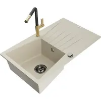 Mexen Cesar granieten spoelbak 1-komors met afdruiprek en keukenkraan Flora, beige - 6514-69-670401-57-B