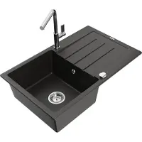 Mexen Bruno granieten spoelbak met 1 bak en afdruiprek en keukenkraan Flora, zwart/goud metallic - 6513-75-670401-00