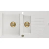 Mexen Matias granieten spoelbak 1,5-komer met afdruiprek 900 x 505 , wit, gouden sifon - 6502901505-20-G