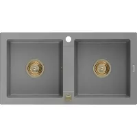 Mexen Mario granieten gootsteen 2-kamer 820 x 436 , grijs, gouden sifon - 6504822000-71-G