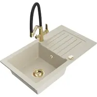 Mexen Pablo granieten spoelbak met 1 bak met afdruiprek en keukenkraan Duo, beige - 6510-69-671701-57-G