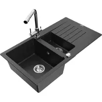 Mexen Matias granieten gootsteen 1,5-komor met afdruiprek en keukenkraan Duero, zwart/zilveren metallic- 6502-73-671600-00