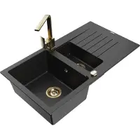 Mexen Matias granieten gootsteen 1,5-kamer met afdruiprek en Rita keukenmengkraan, zwart/zilver metallic - 6502-73-670300-50