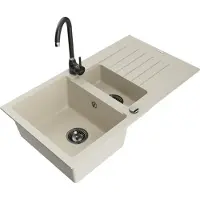 Mexen Matias granieten spoelbak 1,5-komor met afdruiprek en keukenmengkraan Telma, beige - 6502-69-670200-70