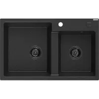 Mexen Tomas granieten gootsteen met 2 compartimenten 800 x 500 , zwart/zilver metallic, zwarte sifon - 6516802000-73-B