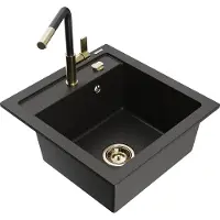 Mexen Vito granieten spoelbak 1-kom met keukenkraan Flora, zwart/goud metallic - 6503-75-670401-57-G