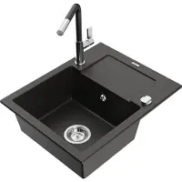 Mexen Enzo granieten gootsteen, 1-komer met afdruiprek en keukenkraan Flora, zwart/goud metallic - 6506-75-670401-07