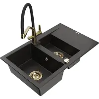 Mexen Gaspar granieten spoelbak 1,5-komorige met afdruiprek en keukenkraan Duo, zwart/goud metallic - 6507-75-671701-57-G
