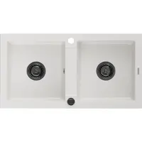 Mexen Mario granieten gootsteen 2-kamer 820 x 436 , wit, zwarte sifon - 6504822000-20-B