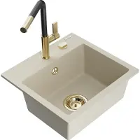 Mexen Milo granieten gootsteen met 1 bak met Flora keukenkraan, beige - 6505-69-670401-57-G