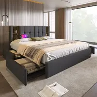 HAUSS SPOLE Gestoffeerd Bed 160x200cm - Tweepersoonsbed met Draadloos Laden & USB-C - 4 Opberglades en Hoofdeinde met Opbergruimte - Linnen - zonder matras - Grijs
