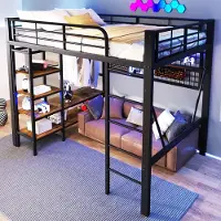 HAUSS SPOLE Hoogslaper 140x200cm - Met App Bedienbare Led Lichtstrip - Met Legplank En Hangnet Met Kledingstang - Zonder Matras - Metaal Mdf - Zwart