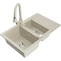Mexen Gaspar granieten spoelbak 1,5-komorige met afdruiprek en keukenmengkraan Elia, beige - 6507-69-670101-69