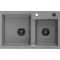 Mexen Tomas granieten spoelbak 2-komorig 800 x 500 , grijs, zwarte sifon - 6516802000-71-B