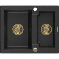 Mexen Carlos granieten gootsteen 1,5-kamer 582 x 475 , zwart/zilver metallic, gouden sifon - 6518581500-73-G