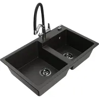Mexen Tomas granieten spoelbak met 2 kamers en keukenkraan Duo, zwart/gouden metallic - 6516-75-671701-07-B