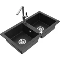 Mexen Mario granieten spoelbak met 2 koen en keukenkraan Flora, zwart/zilver metallic - 6504-73-670401-00