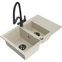 Mexen Gaspar granieten gootsteen 1,5-kamer met afdruiprek en keukenmengkraan Duo, beige - 6507-69-671701-70-B