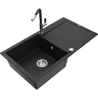 Mexen Leo granieten spoelbak 1-baks met afdruiprek en keukenmengkraan Flora, zwart - 6501-77-670401-07