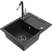 Mexen Enzo granieten gootsteen 1-komorige met afdruiprek en keukenkraan Flora, zwart/zilver metallic - 6506-73-670401-07-B