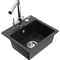 Mexen Milo granieten gootsteen met 1 bak en Duero keukenkraan, zwart/goud metallic - 6505-75-671600-00