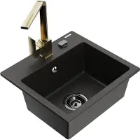 Mexen Milo granieten spoelbak 1-komorig met keukenmengkraan Rita, zwart/goud metallic - 6505-75-670300-50-B