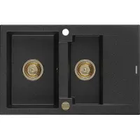 Mexen Gaspar granieten gootsteen 1,5-kamer met afdruiprek 737 x 475 , zwart/zilveren metallic, gouden sifon - 6507731505-73-G