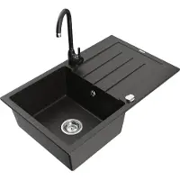 Mexen Bruno granieten spoelbak 1-komor met afdruiprek en keukenmengkraan Telma, zwart/goud - 6513-75-670200-70