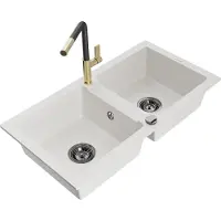 Mexen Mario granieten spoelbak 2-kamer met keukenkraan Flora, wit - 6504-20-670401-57-B