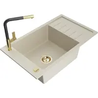 Mexen Elias granieten spoelbak 1-kompartment met afdruiprek en keukenmengkraan Flora, beige - 6511-69-670401-57-G